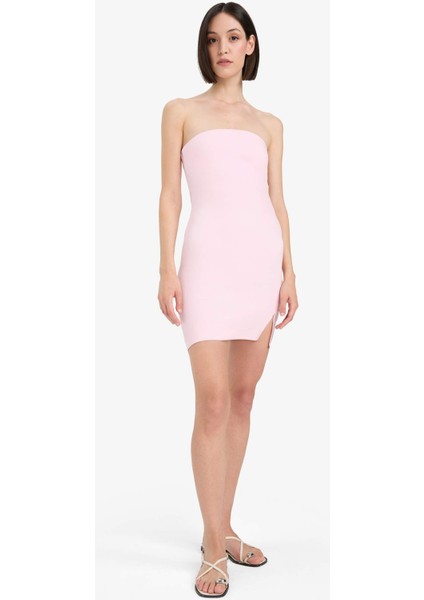 Coool Straplez Yırtmaçlı Pembe Mini Elbise C6342AX24SM