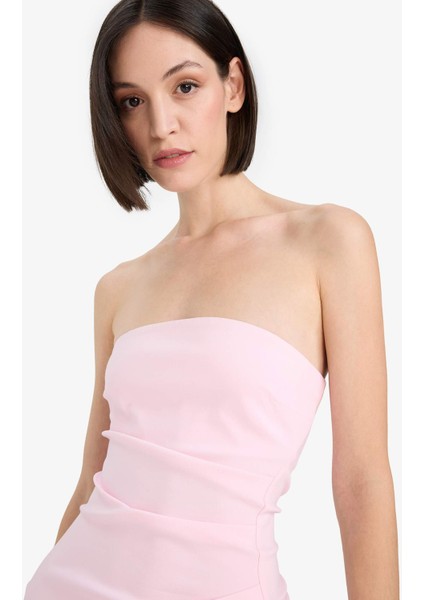 Coool Straplez Yırtmaçlı Pembe Mini Elbise C6342AX24SM