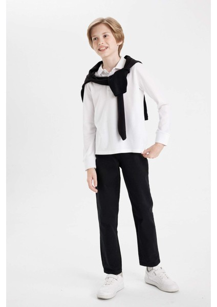 Erkek Çocuk Düz Paça Cepli Siyah Basic Düz Gabardin Okul Pantolonu U3254A624AU