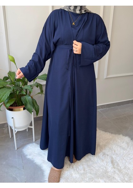 Medine Ipeği Bel Bağlamalı Tesettür Model Büyük Beden Uyumlu Abaya Kollu Fadime Model Elbise