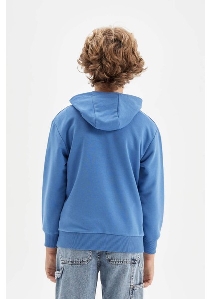 Erkek Çocuk Mavi Yazı Baskılı Cepli Kapüşonlu Okul Sweatshirt C7558A824AU