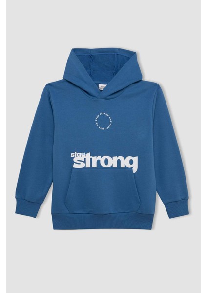 Erkek Çocuk Mavi Yazı Baskılı Cepli Kapüşonlu Okul Sweatshirt C7558A824AU