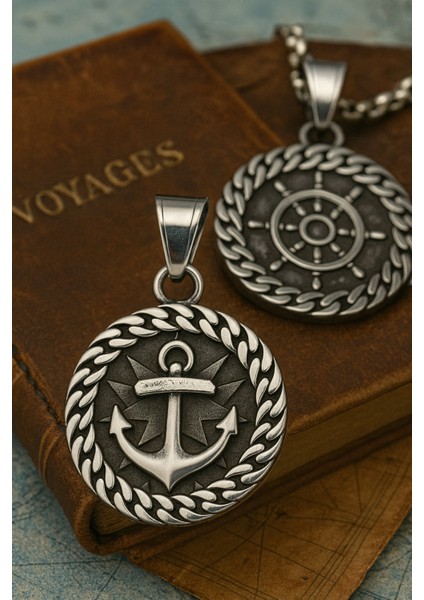 Çift Taraflı Paslanmaz Karar Çelik Erkek Kolye | Çapa ve Gemi Dümeni Tasarımlı