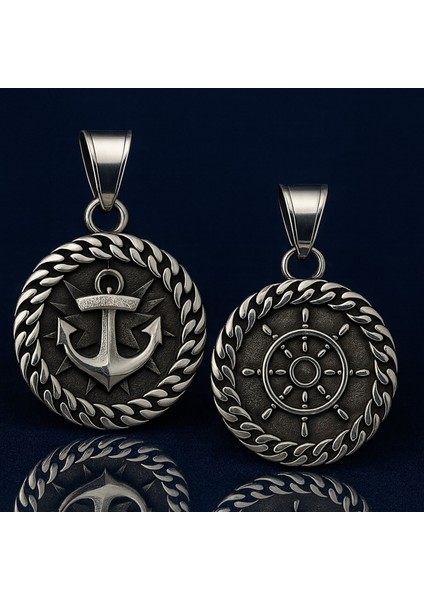 Çift Taraflı Paslanmaz Karar Çelik Erkek Kolye | Çapa ve Gemi Dümeni Tasarımlı fiyatları