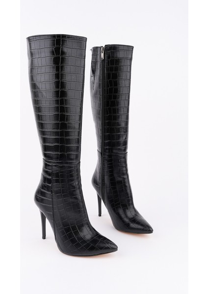 Zest Kroko Desenli Sivri Burun Fermuarlı Ince Topuklu Kadın Çizme