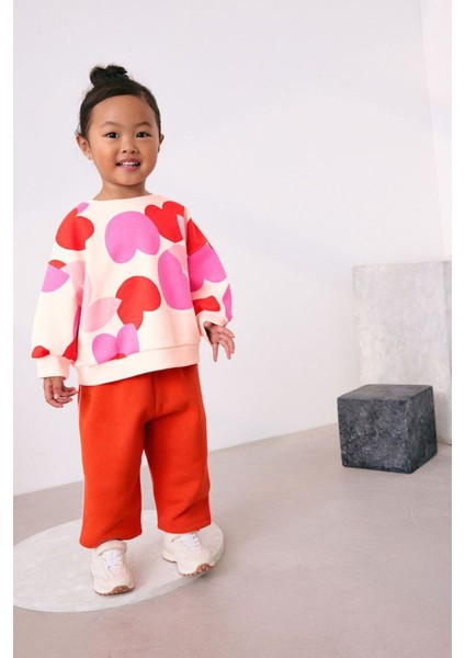 Kalp Desenli Bol Paça Kız Çocuk Eşofman takım - Turuncu modelleri