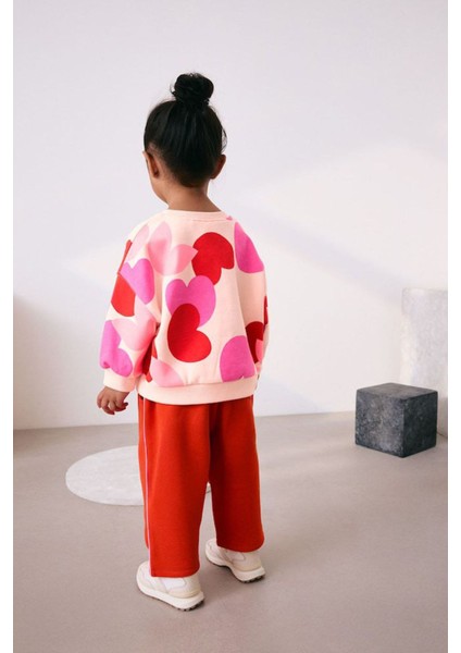 Kalp Desenli Bol Paça Kız Çocuk Eşofman takım - Turuncu fırsatları