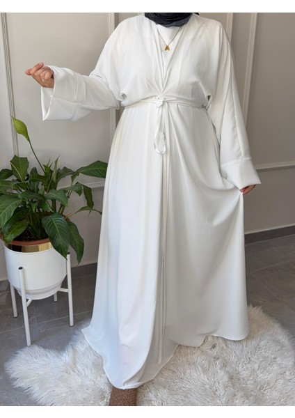 Medine Ipeği Bel Bağlamalı Tesettür Model Büyük Beden Uyumlu Abaya Kollu Fadime Model Elbise