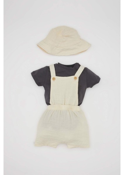 Erkek Bebek 3'lü Takım Müslin Kısa Kollu Tişört Salopet Şapka C4362A524SM