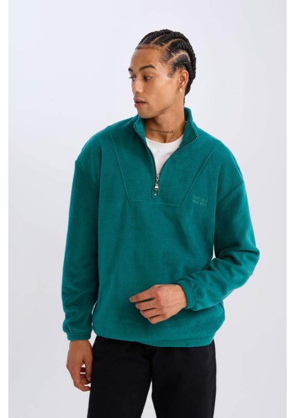 Comfort Regular Fit Rahat Kalıp Dik Yaka Baskılı Polar Sweatshirt C7793AX24AU