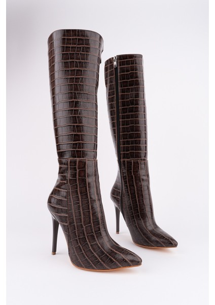 Zest Kroko Desenli Sivri Burun Fermuarlı Ince Topuklu Kadın Çizme