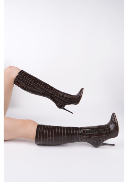 Zest Kroko Desenli Sivri Burun Fermuarlı Ince Topuklu Kadın Çizme indirimleri