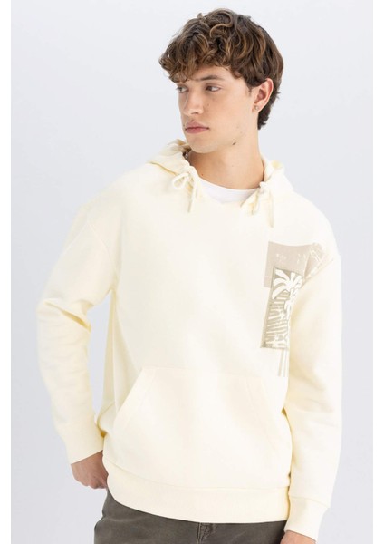 Boxy Fit Kapüşonlu Baskılı Kanguru Cepli Sweatshirt C7050AX24AU