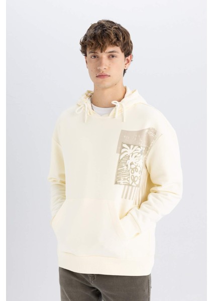 Boxy Fit Kapüşonlu Baskılı Kanguru Cepli Sweatshirt C7050AX24AU