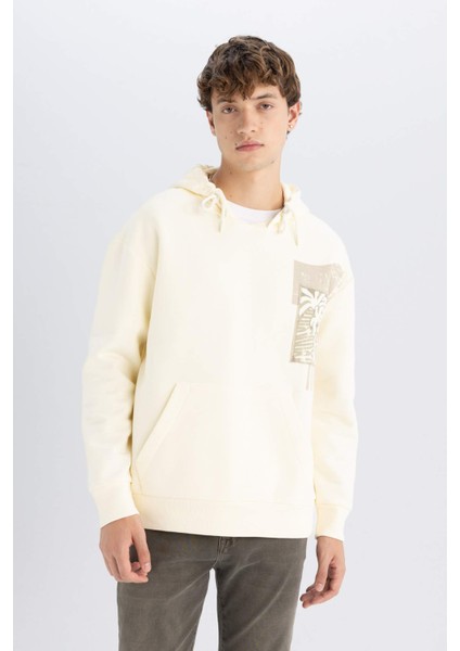 Boxy Fit Kapüşonlu Baskılı Kanguru Cepli Sweatshirt C7050AX24AU