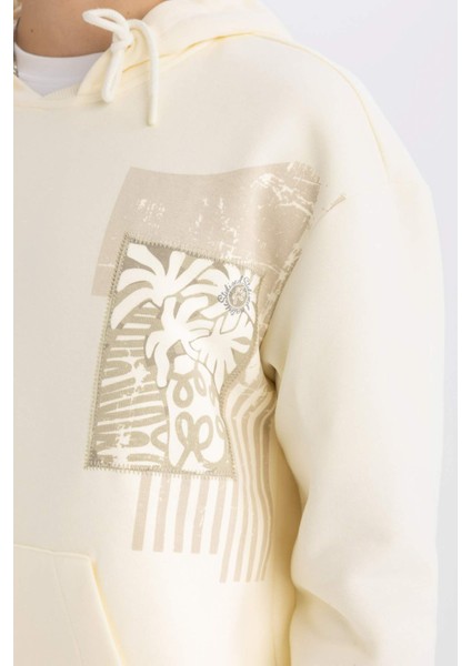 Boxy Fit Kapüşonlu Baskılı Kanguru Cepli Sweatshirt C7050AX24AU