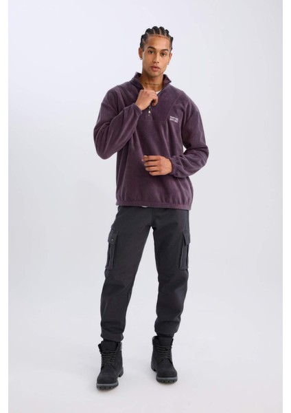 Comfort Regular Fit Rahat Kalıp Dik Yaka Baskılı Polar Sweatshirt C7793AX24AU