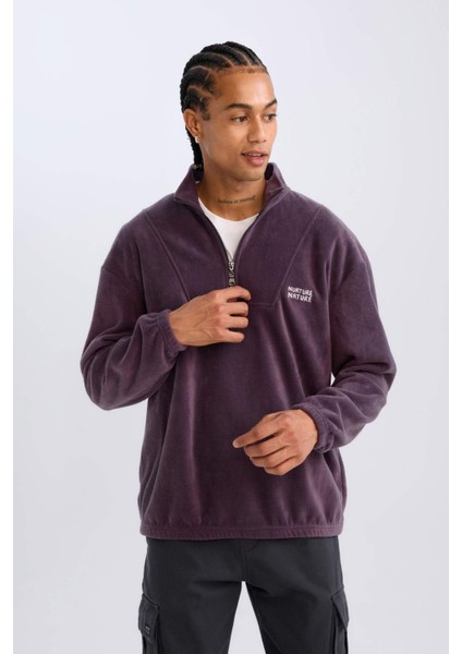 Comfort Regular Fit Rahat Kalıp Dik Yaka Baskılı Polar Sweatshirt C7793AX24AU