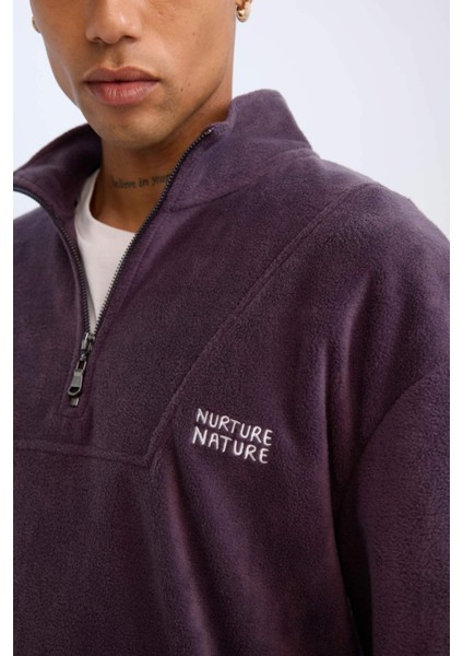 Comfort Regular Fit Rahat Kalıp Dik Yaka Baskılı Polar Sweatshirt C7793AX24AU