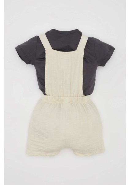 Erkek Bebek 3'lü Takım Müslin Kısa Kollu Tişört Salopet Şapka C4362A524SM