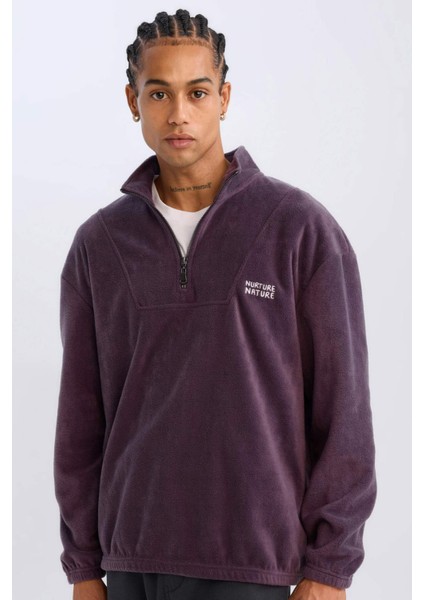 Comfort Regular Fit Rahat Kalıp Dik Yaka Baskılı Polar Sweatshirt C7793AX24AU