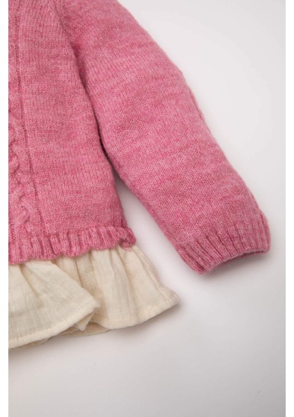 Kız Bebek Pembe Bisiklet Yaka Örgülü Triko Kazak C8288A524WN