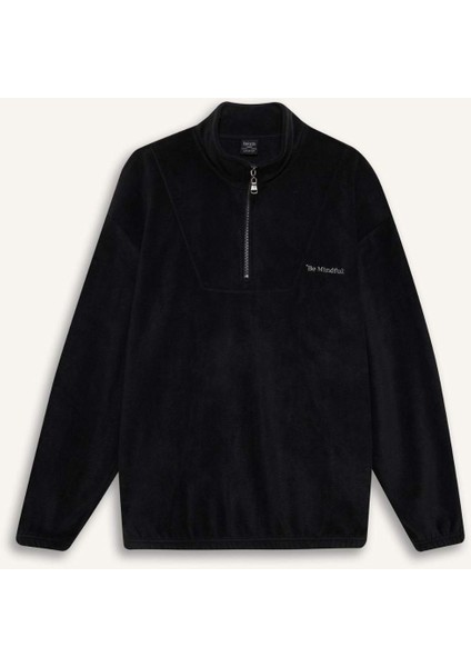 Comfort Regular Fit Rahat Kalıp Fermuarlı Dik Yaka Baskılı Polar Sweatshirt C7794AX24AU
