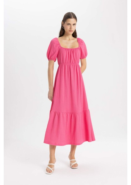 Kare Yaka Basic Düz Bürümcük Kısa Kollu Midi Pembe Elbise A6201AX24SM