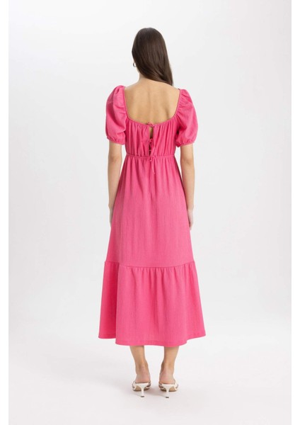 Kare Yaka Basic Düz Bürümcük Kısa Kollu Midi Pembe Elbise A6201AX24SM