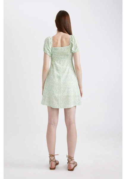 Kalp Yaka Çiçekli Omuzu Açık Krinkıl Viskon Mini Elbise C7077AX24SM