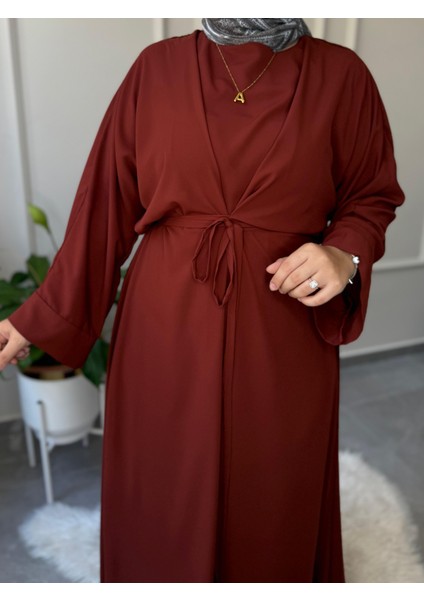 Medine Ipeği Bel Bağlamalı Tesettür Model Büyük Beden Uyumlu Abaya Kollu Fadime Model Elbise modelleri