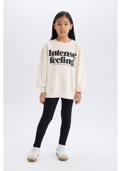 Kız Çocuk 2'li Takım Baskılı Sweatshirt Basic Düz Uzun Tayt A6808A824AU