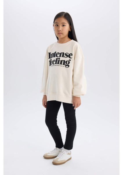 Kız Çocuk 2'li Takım Baskılı Sweatshirt Basic Düz Uzun Tayt A6808A824AU