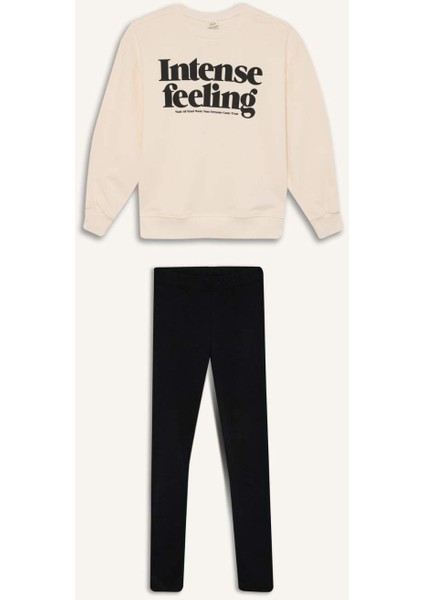 Kız Çocuk 2'li Takım Baskılı Sweatshirt Basic Düz Uzun Tayt A6808A824AU
