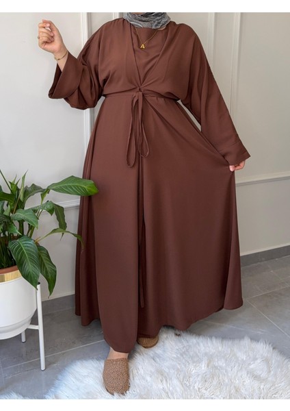 Medine Ipeği Bel Bağlamalı Tesettür Model Büyük Beden Uyumlu Abaya Kollu Fadime Model Elbise indirimleri