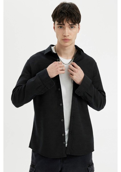 Slim Fit Dar Kesim Pamuklu Basic Düz Uzun Kollu Siyah Gömlek A4644AX24AU