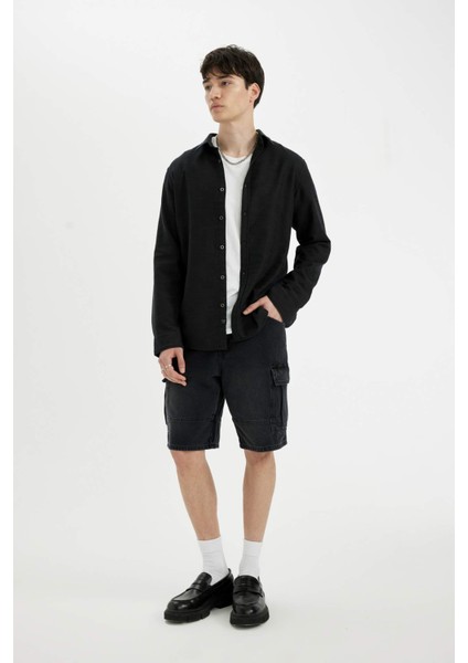 Slim Fit Dar Kesim Pamuklu Basic Düz Uzun Kollu Siyah Gömlek A4644AX24AU