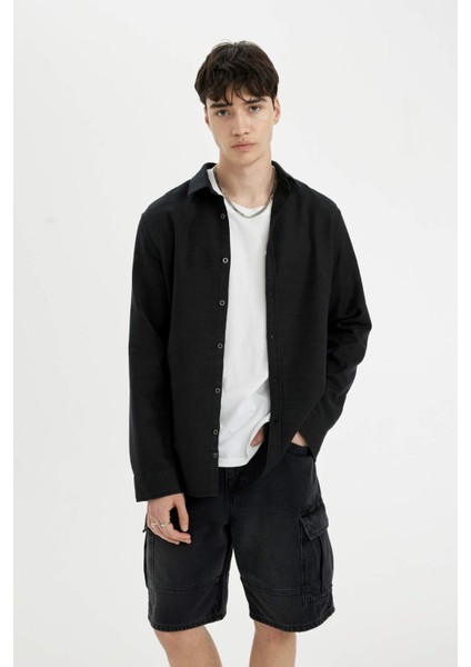 Slim Fit Dar Kesim Pamuklu Basic Düz Uzun Kollu Siyah Gömlek A4644AX24AU