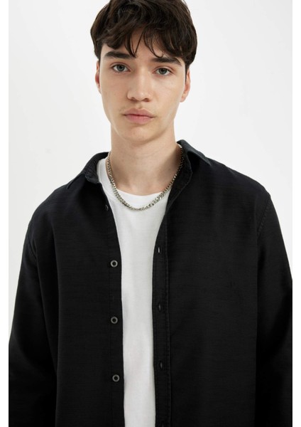 Slim Fit Dar Kesim Pamuklu Basic Düz Uzun Kollu Siyah Gömlek A4644AX24AU