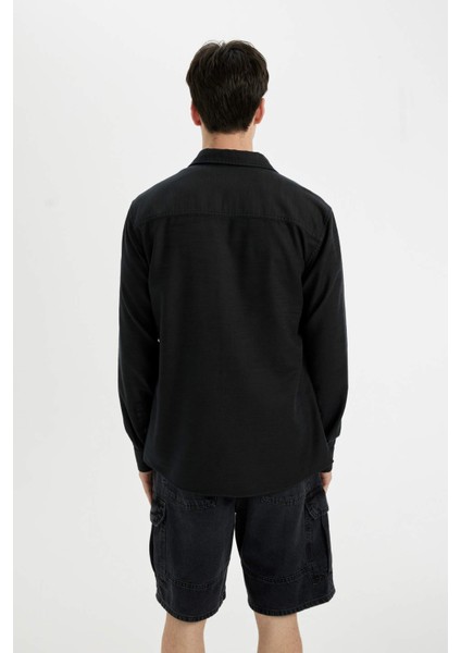 Slim Fit Dar Kesim Pamuklu Basic Düz Uzun Kollu Siyah Gömlek A4644AX24AU