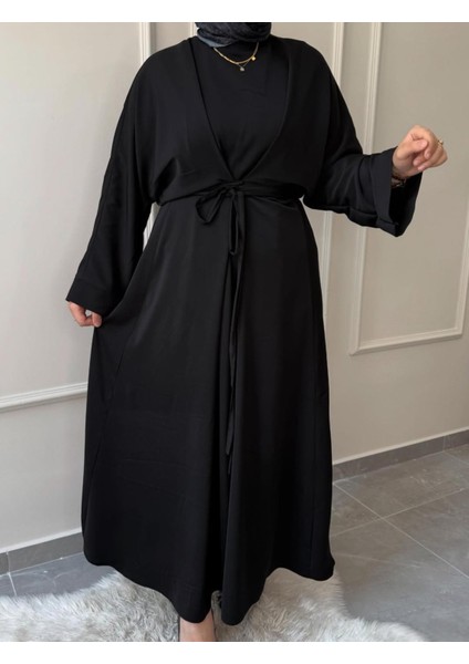 Medine Ipeği Bel Bağlamalı Tesettür Model Büyük Beden Uyumlu Abaya Kollu Fadime Model Elbise