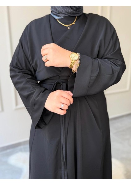 Medine Ipeği Bel Bağlamalı Tesettür Model Büyük Beden Uyumlu Abaya Kollu Fadime Model Elbise modelleri