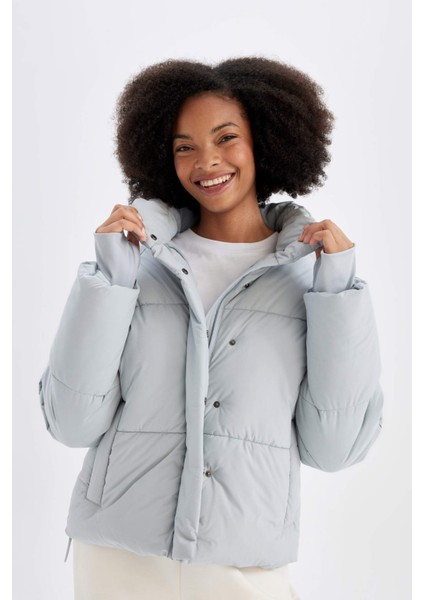 fit Su Itici Dik Yaka Fermuarlı Çıtçıt Kapamalı Cepli Puffer Şişme MONT A1550AX24WN