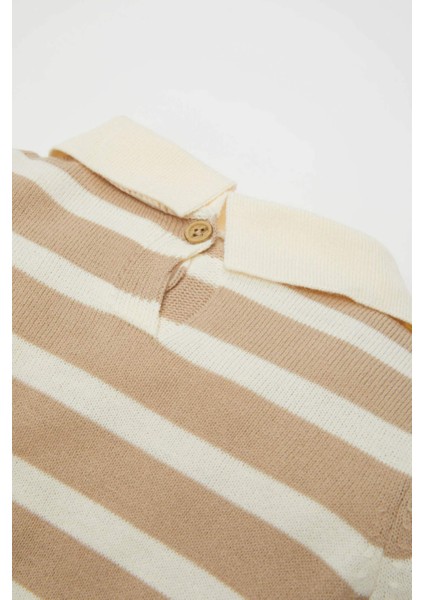 Kız Bebek 2'li Takım Çizgili Polo Yaka Triko Kazak İspanyol Paça Triko Tayt