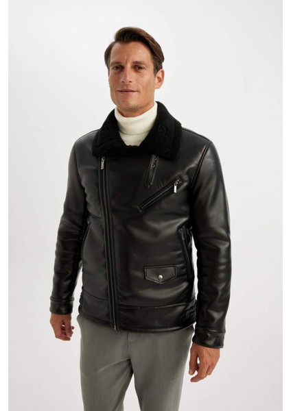 Su İtici Slim Fit Dar Kesim Astarlı Fermuarlı Cepli Kürk Yakalı Suni Deri Ceket Mont A4392AX24WN