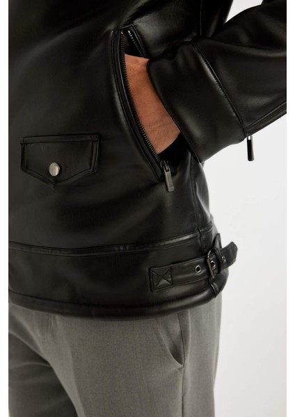 Su İtici Slim Fit Dar Kesim Astarlı Fermuarlı Cepli Kürk Yakalı Suni Deri Ceket Mont A4392AX24WN
