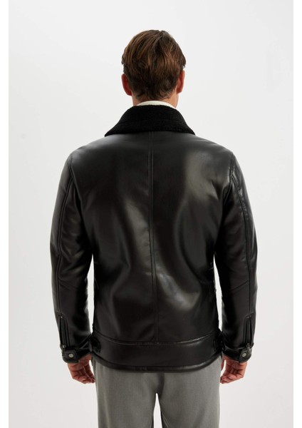 Su İtici Slim Fit Dar Kesim Astarlı Fermuarlı Cepli Kürk Yakalı Suni Deri Ceket Mont A4392AX24WN