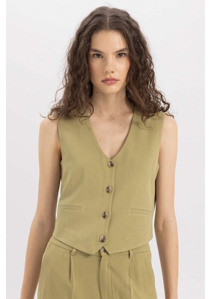V Yaka Keten Karışımlı Blazer Yelek