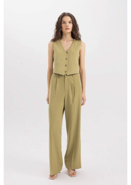 V Yaka Keten Karışımlı Blazer Yelek