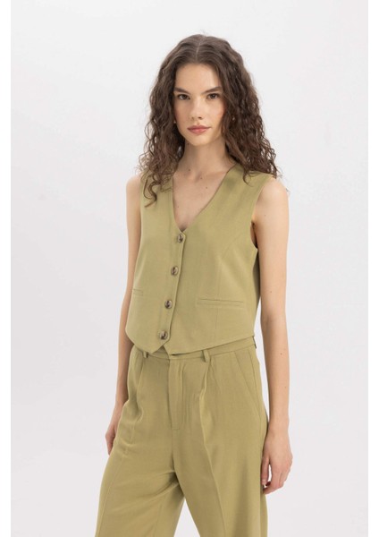 V Yaka Keten Karışımlı Blazer Yelek